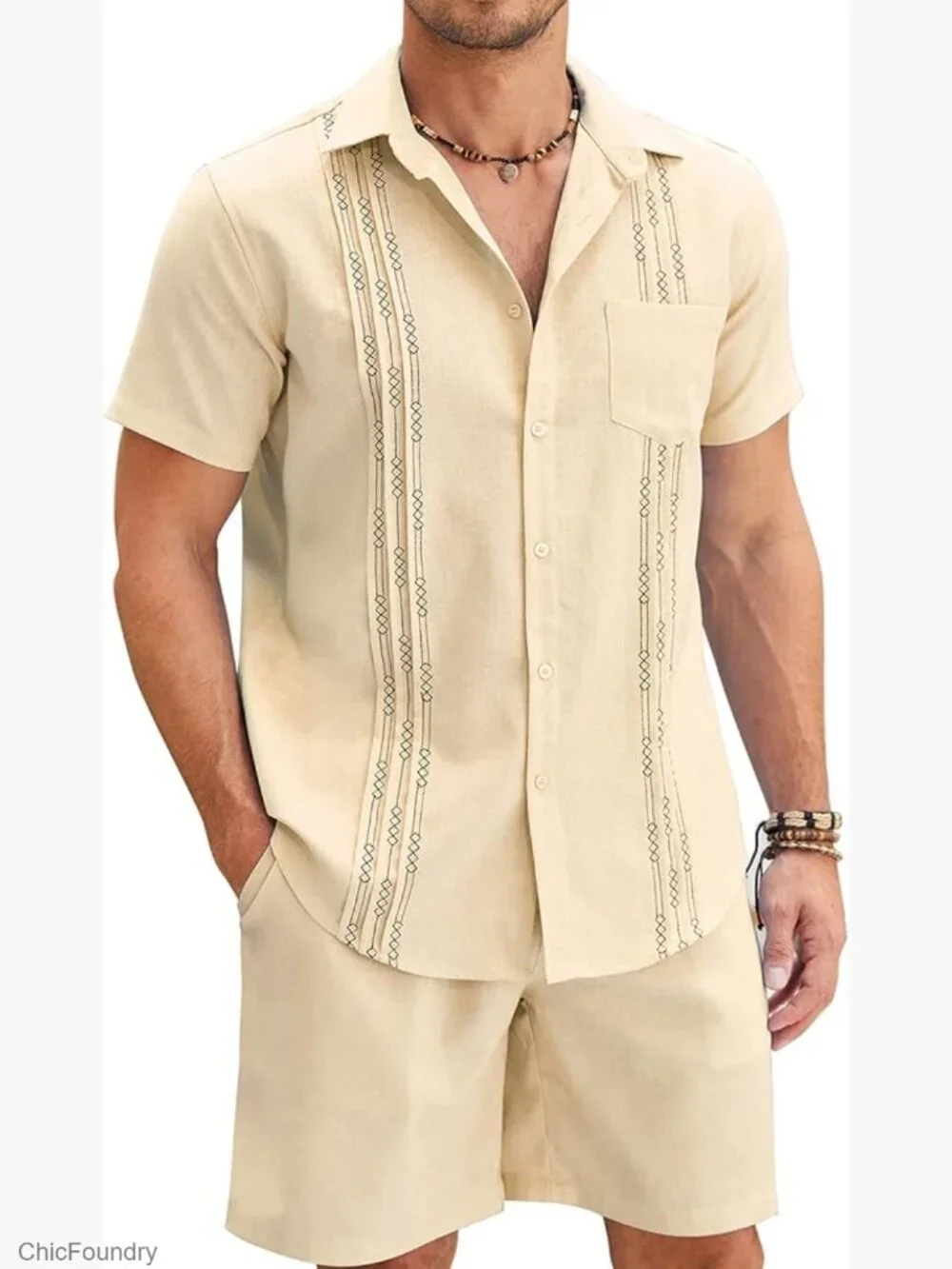 Men's Linen 2-Piece Set: Short Sleeve Button Down Shirt & Elastic Waist Shorts - Picture 1 of 7